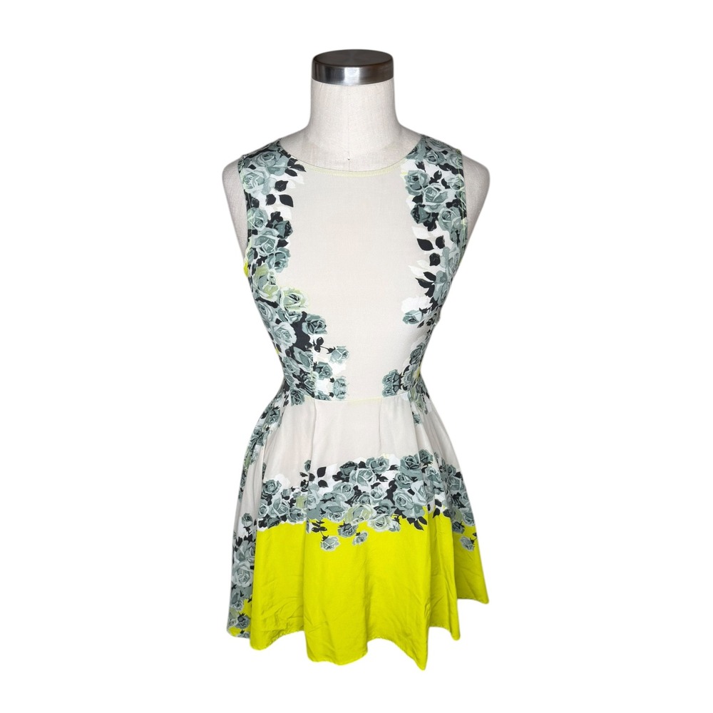 SHAKUHACHI Fit & Flare Mini Dress Yellow Floral Silk Sleeveless Women's Size XS